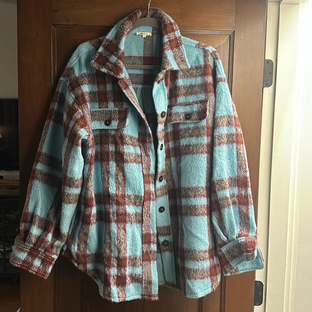 Plaid shacket - robins egg blue and burgundy. This is a great layering piece